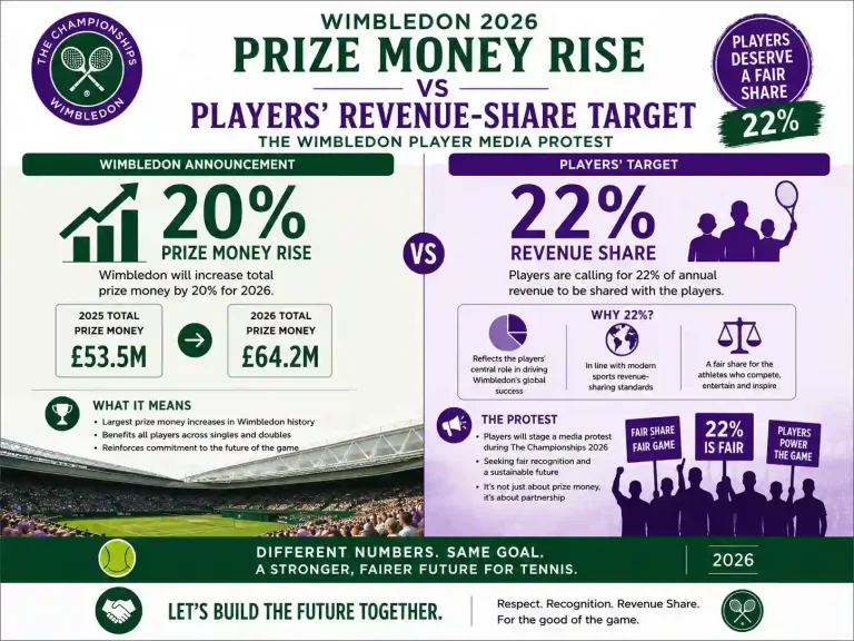 Infographic: Wimbledon's 20% prize money rise versus the players' 22% revenue-share target for the Wimbledon player media protest, 2026.